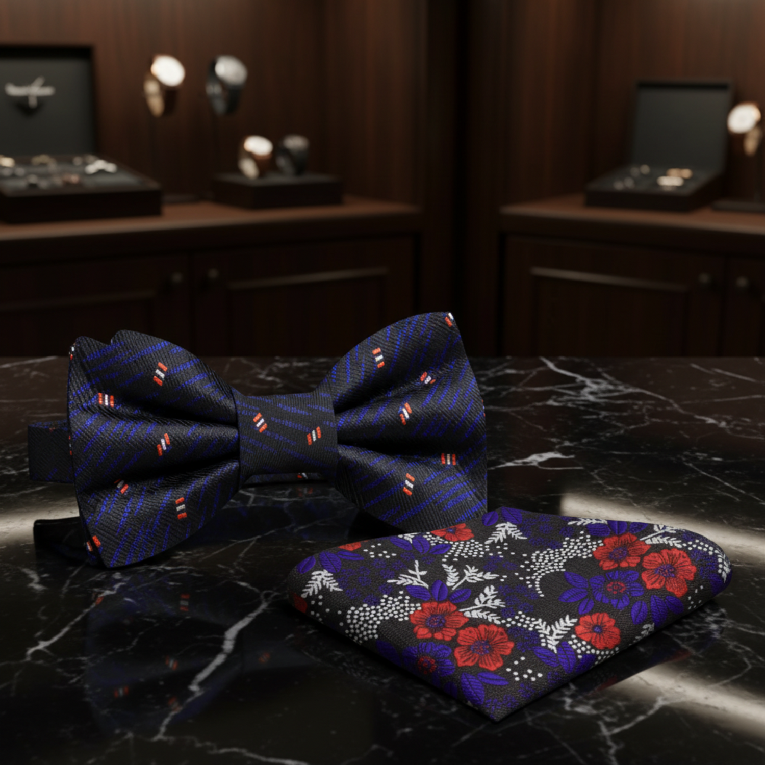 Black, Indigo Blue, Red Abstract Bow Tie and Accenting Red Geometric Square