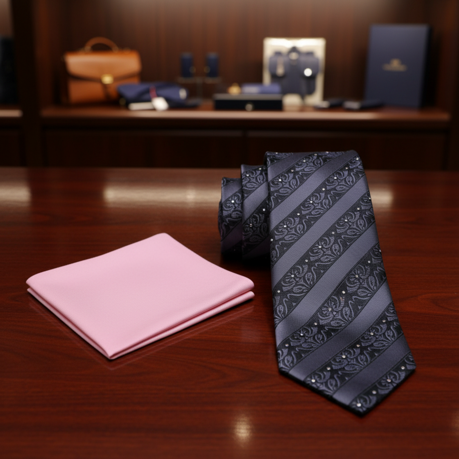 Pink pocket square and black patterned tie 