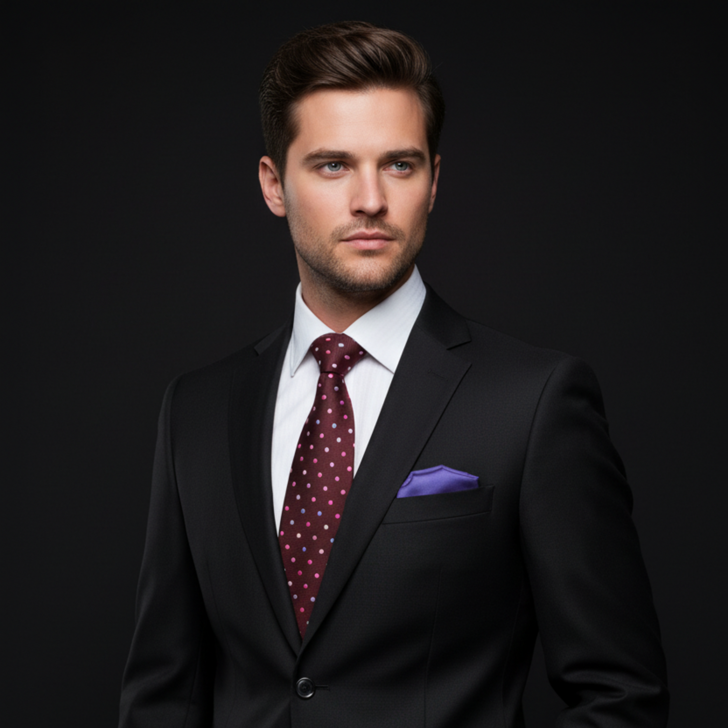 Man wearing plum polka tie and accenting square