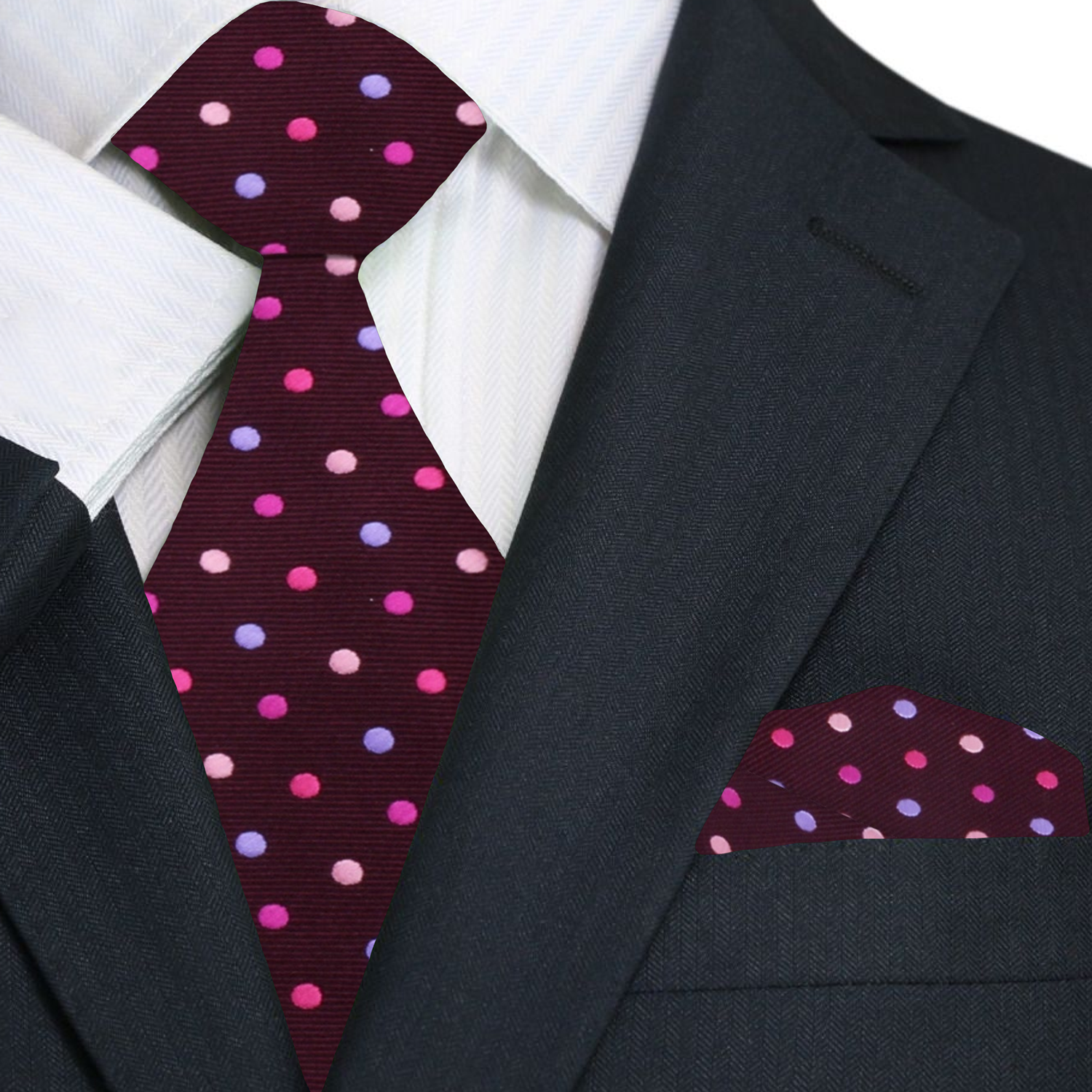 Premium A Plum, Peach, Pink Polka Dot Pattern Self Tie Necktie, Matching Pocket Square