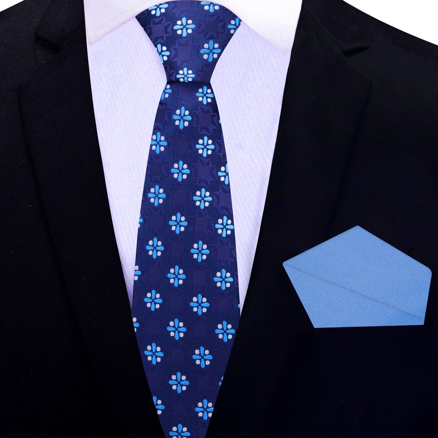Thin Tie: Main View: Shades of Blue and Light Grey Geometric Tie and Accent Pocket Square