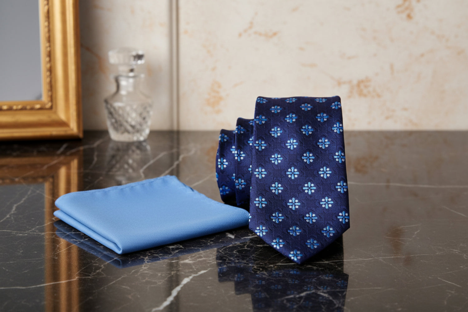 Alt  View: Main View: Shades of Blue and Light Grey Geometric Tie and Accent Pocket Square