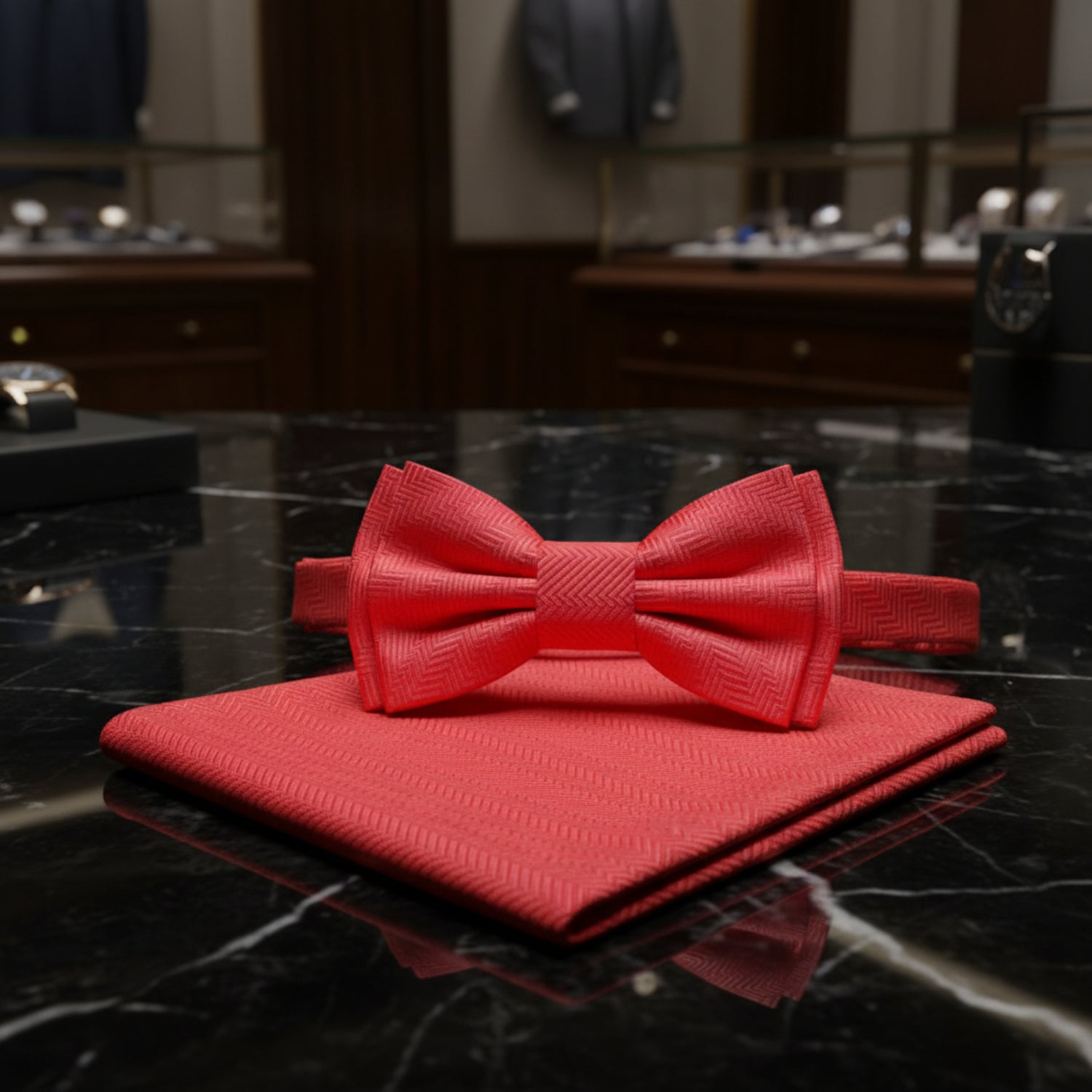 Red bow tie and matching pocket square on a white background
