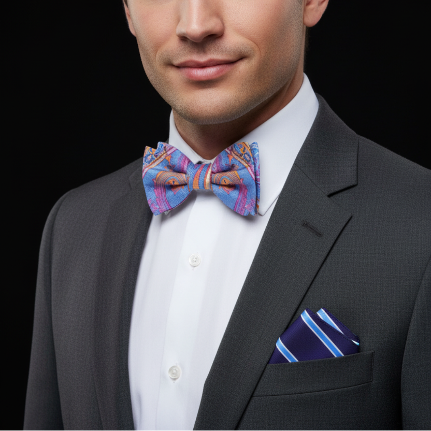 Man wearing a gray suit with a colorful bow tie and matching pocket square on a black background