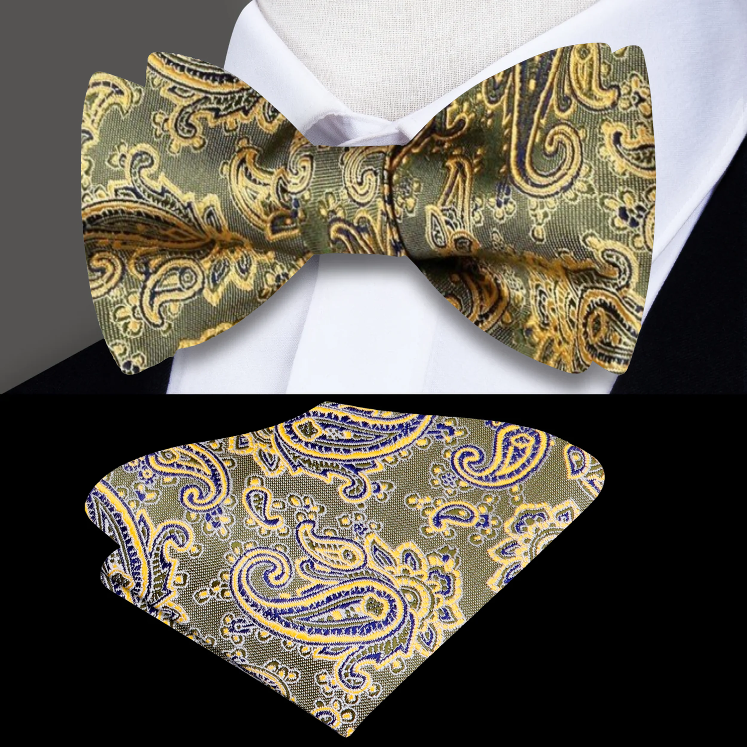 A Olive, Gold Paisley Pattern Self Tie Bow Tie, Matching Pocket Square