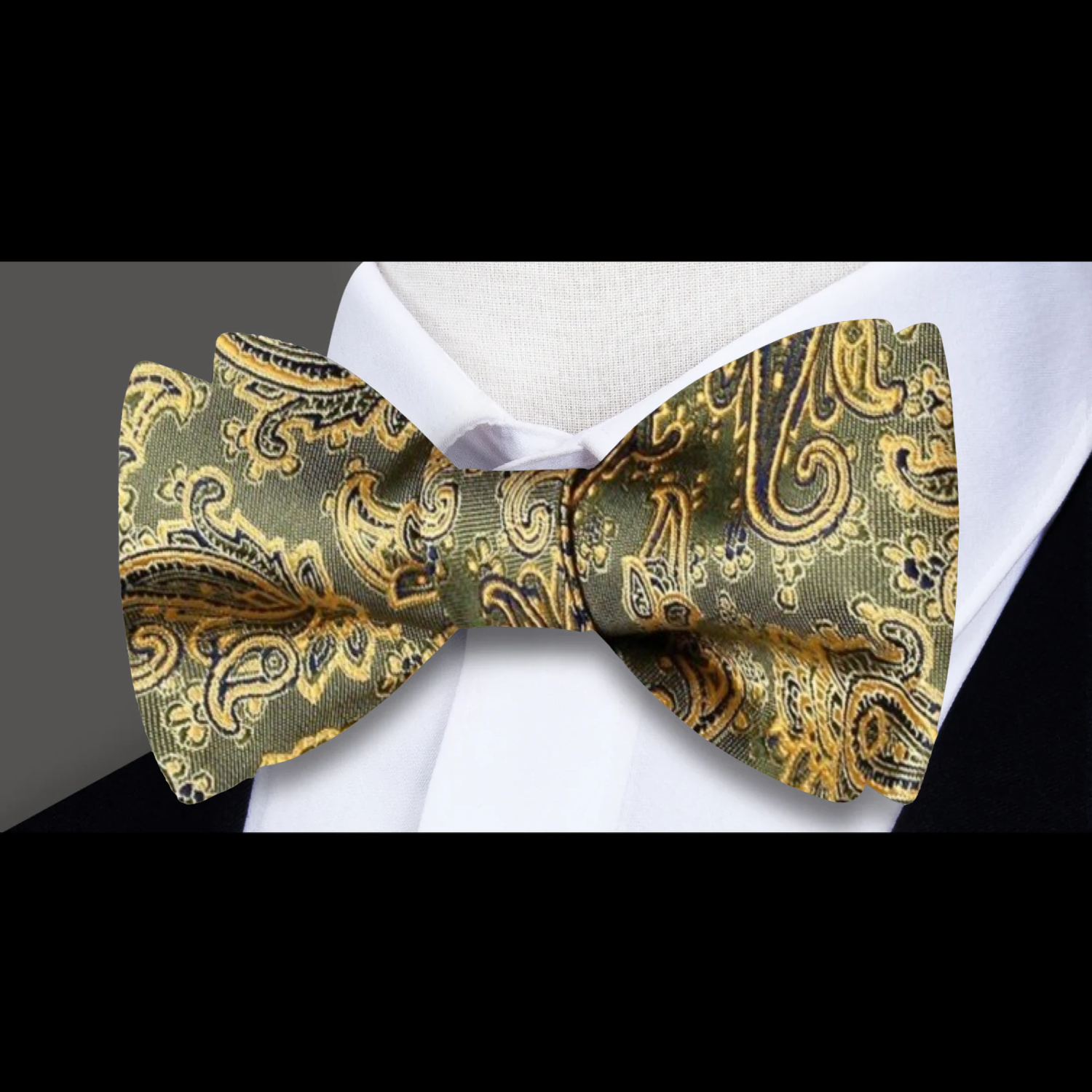 A Olive, Gold Paisley Pattern Silk Self Tie Bow Tie 