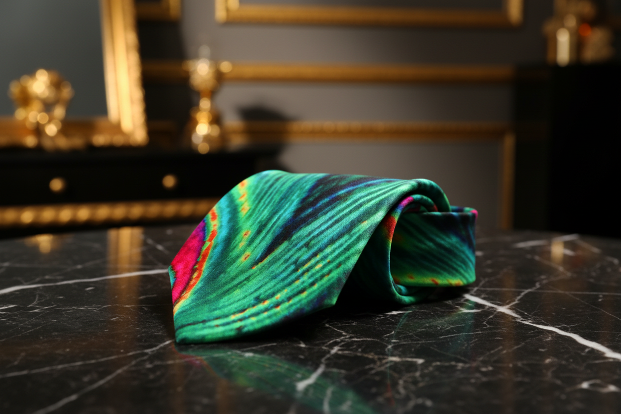 Green, Orange, Blue Peacock Necktie Zoom