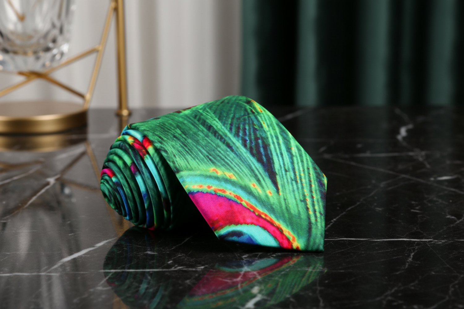 Green, Orange, Blue Peacock Necktie  