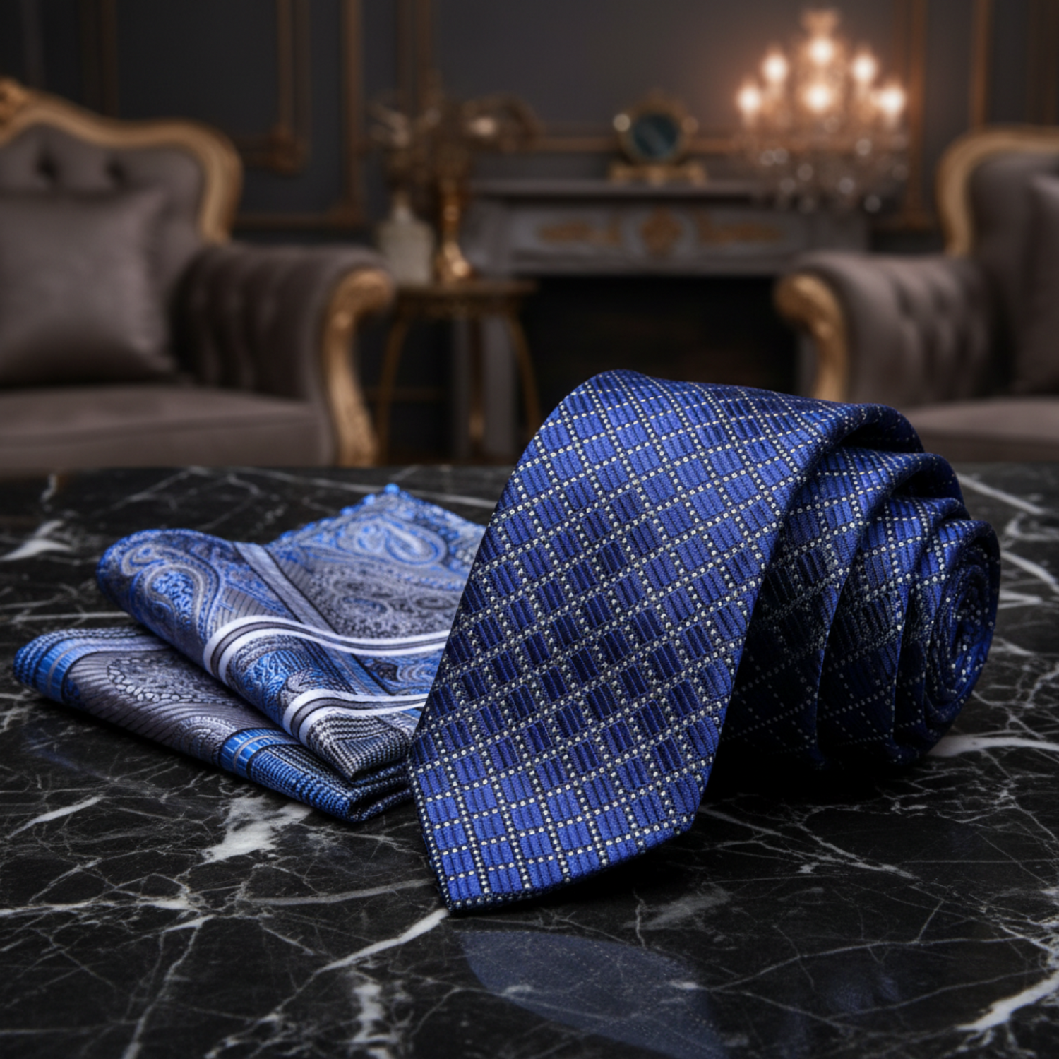 View 2: Blue Tie with Grey, Blue Square