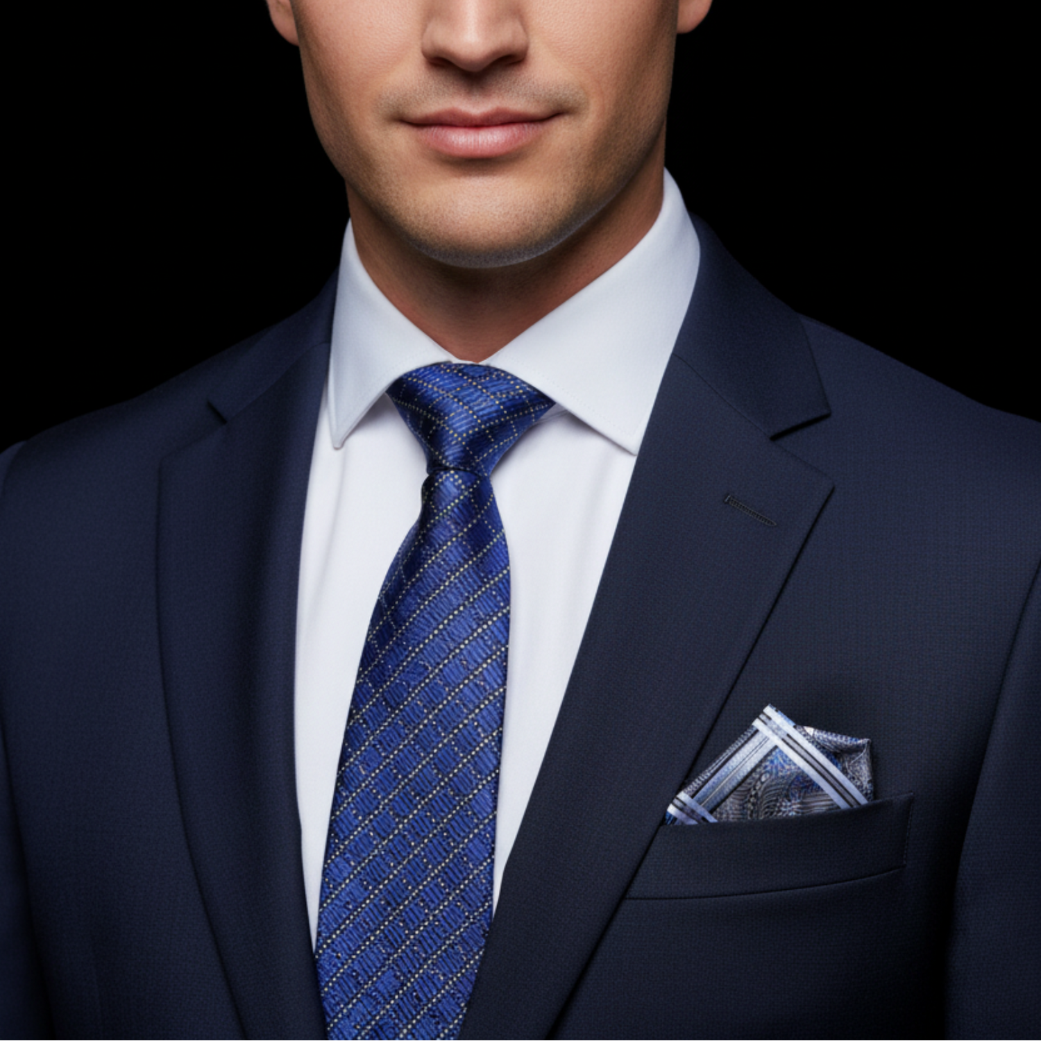 Man wearing a navy suit with a blue patterned tie and pocket square on a black background