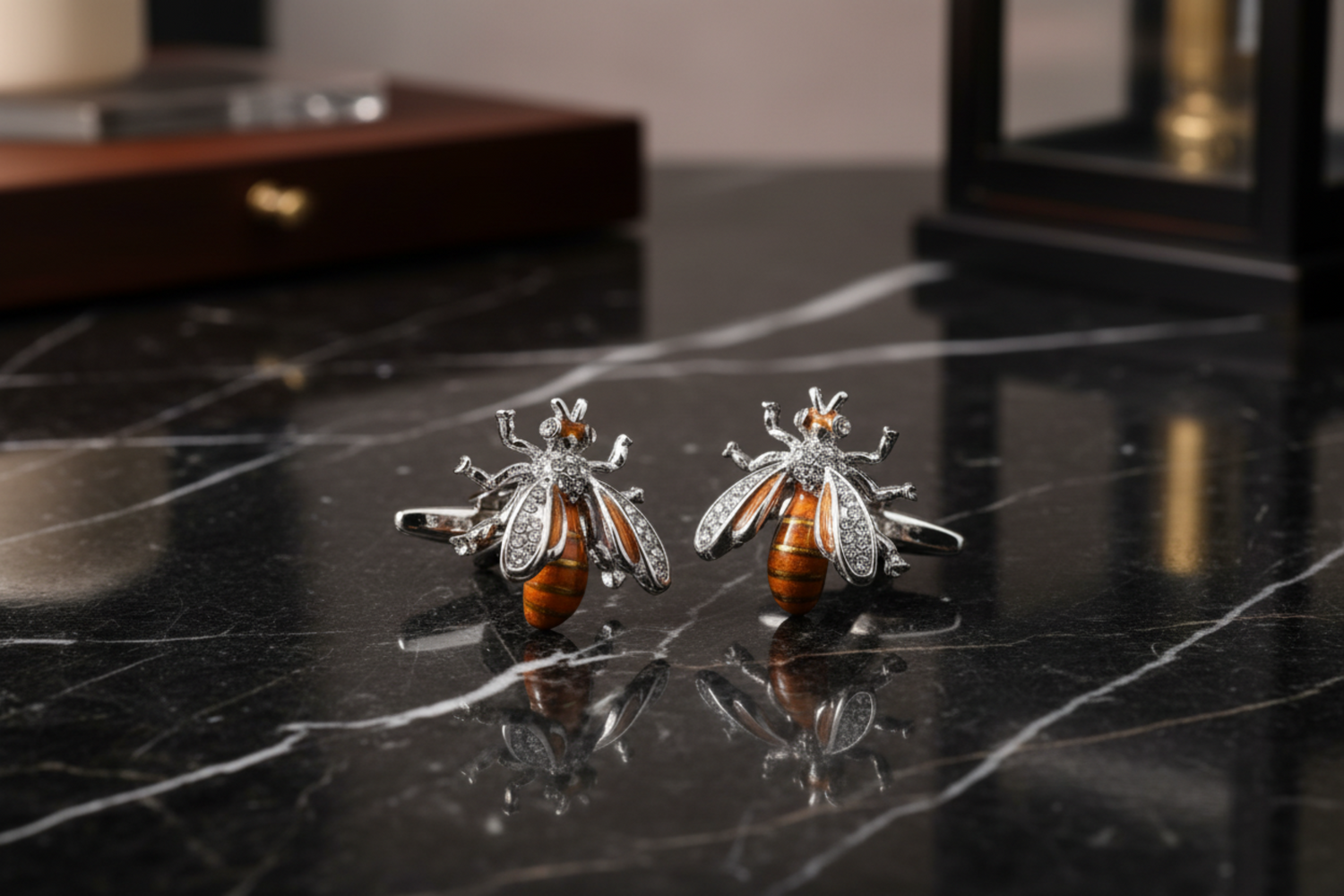 chrome and orange bee cufflinks
