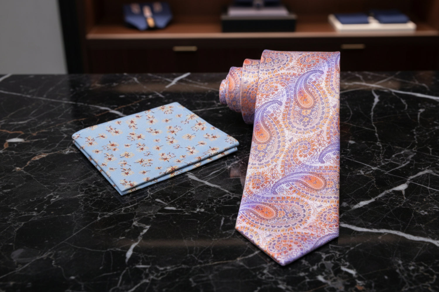 Alt View: Shades of Pastel Orange and Purple Paisley with Light Blue Floral Square