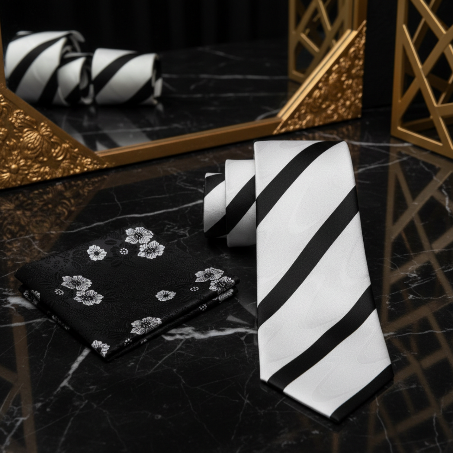 Alt View: A White With Abstract Wave And Black Stripe Pattern Necktie, Accenting Pocket Square
