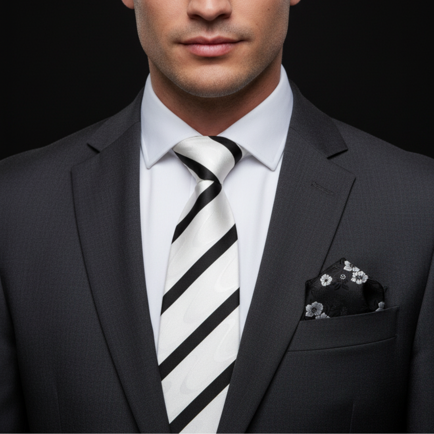 Abstract Wave Stripe Necktie Collection in White & Black or Grey & Black