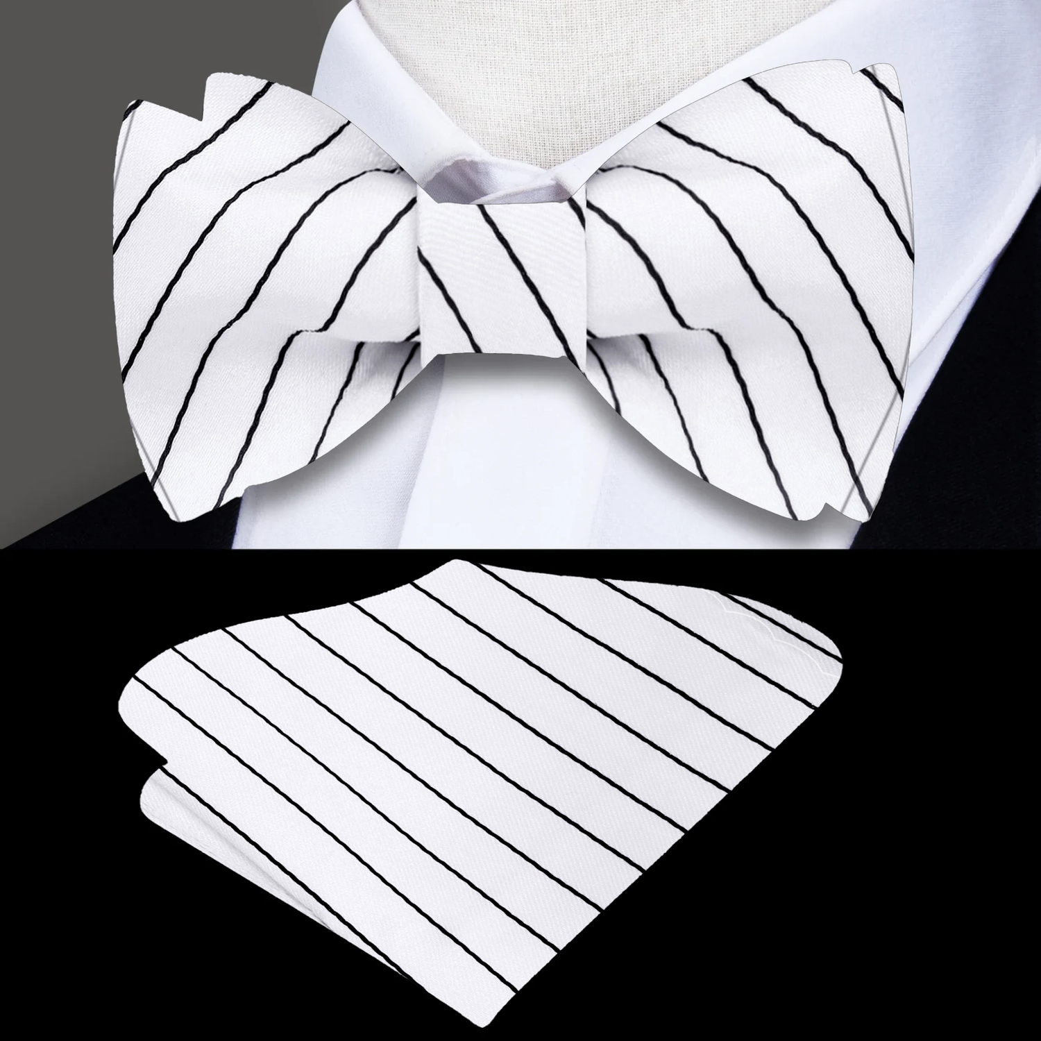 A White, Black Stripes Pattern Self Tie Bow Tie, Matching Pocket Square