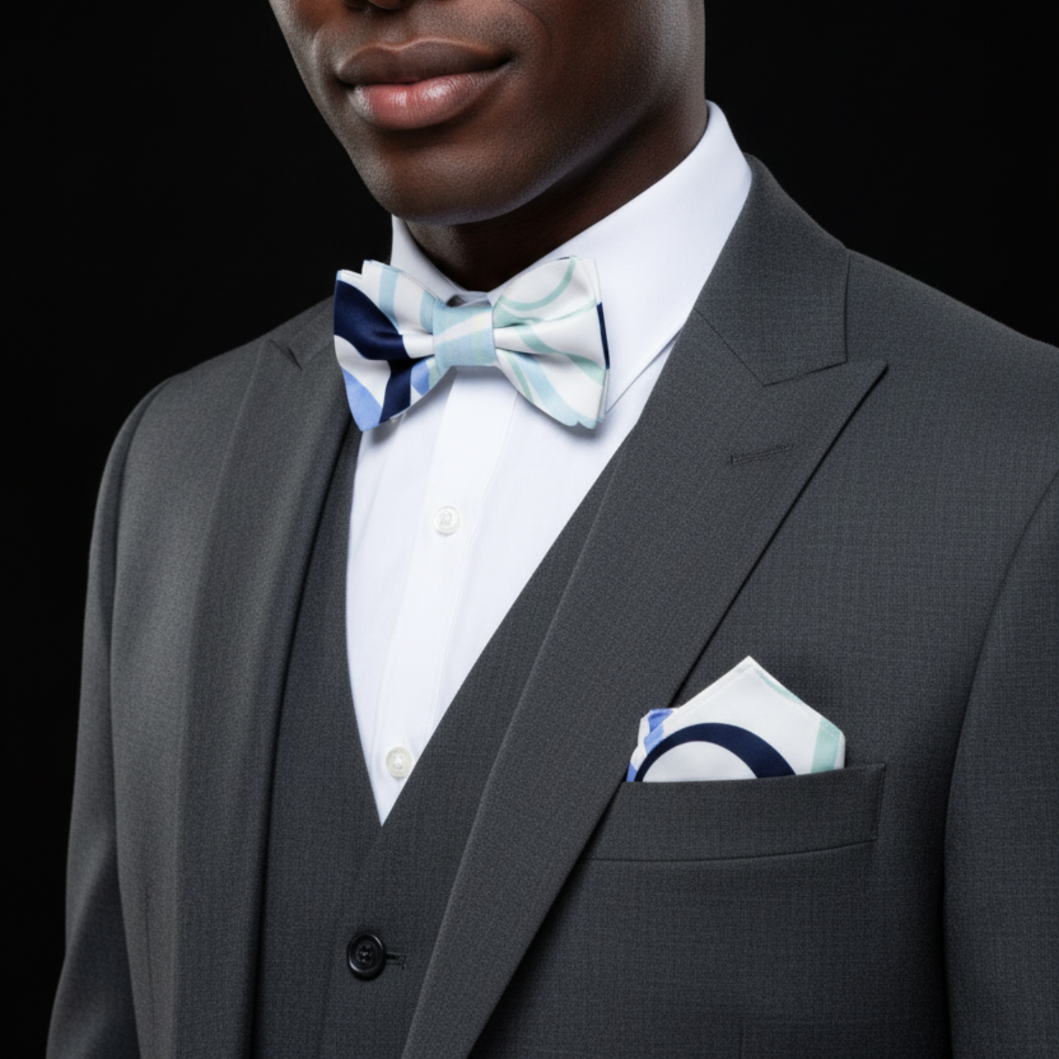 A Light Bone, Black, Pale Cactus, Steel Blue Color Abstract Circle Pattern Bow Tie, Pocket Square