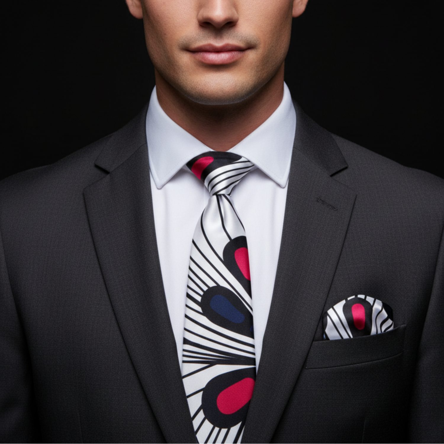 Man wearing a black suit with a patterned tie and pocket square against a dark background