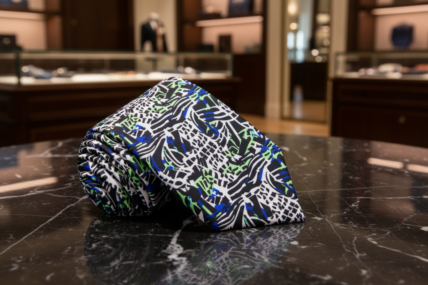 White, Black, Blue, Green Abstract Tie