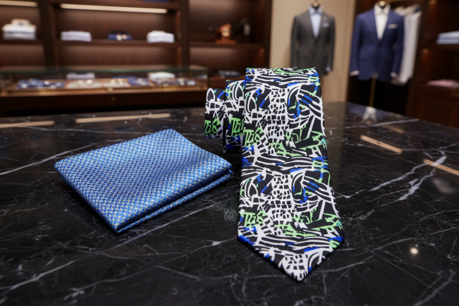 White, Blue, Black Green Abstract Tie and Blue Green Square