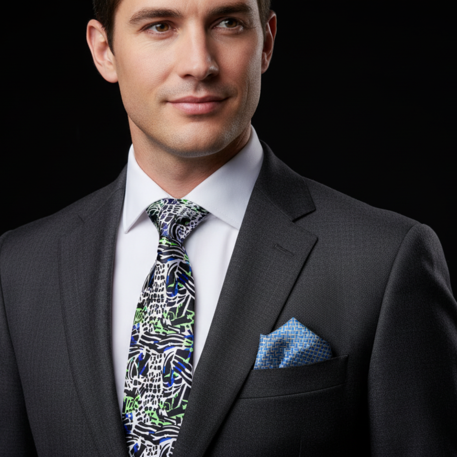White, Black, Blue, Green Abstract Tie and Accenting Square