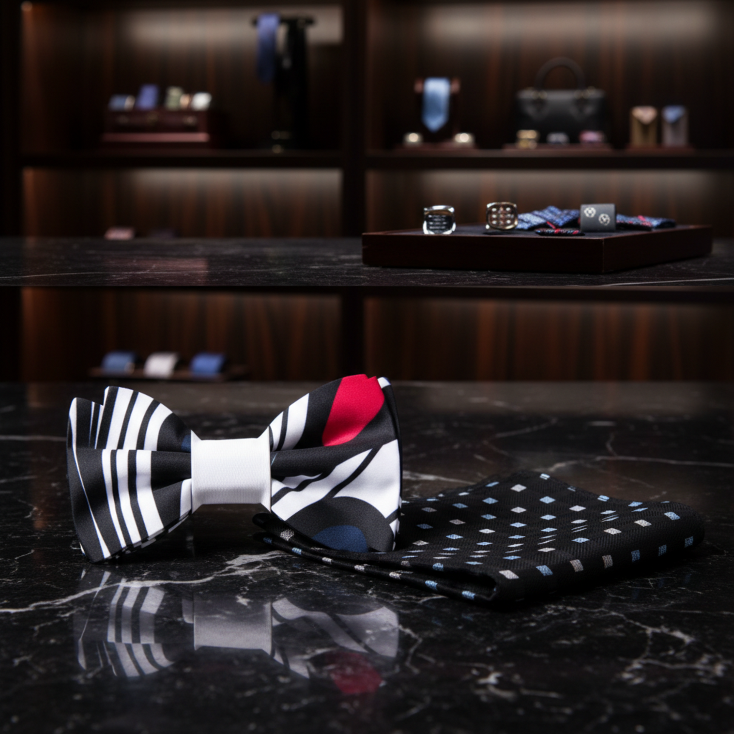 White, Black, Red, Blue Large Paisley Bow Tie and Accenting Pocket Square