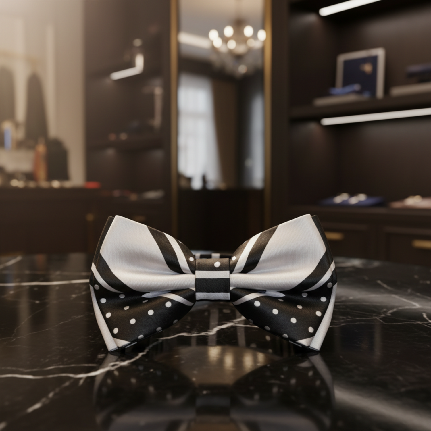 Boys Black & White Polka Dot Stripe Pre-Tied Bow Tie