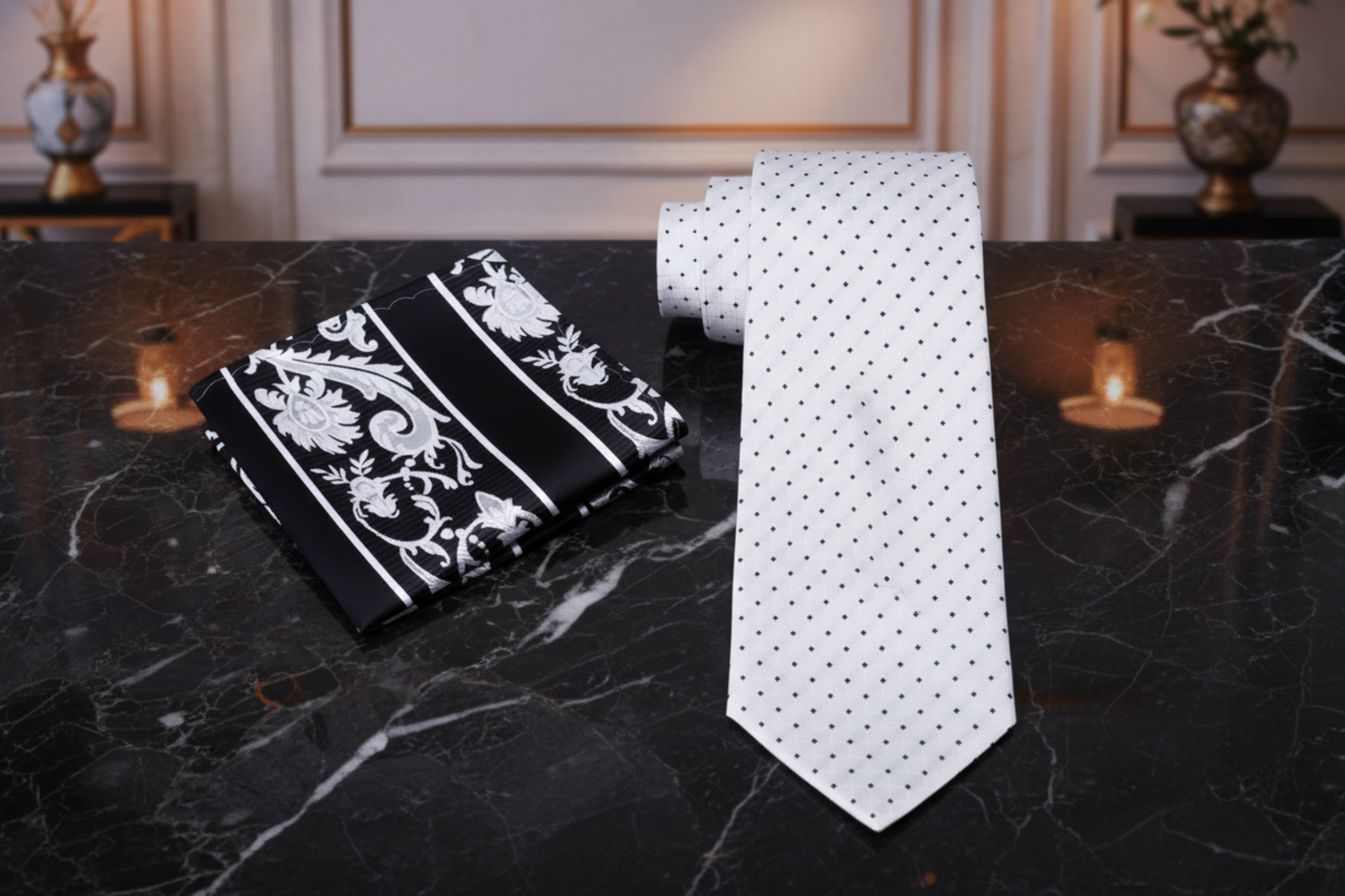 white with black dots tie and accenting square