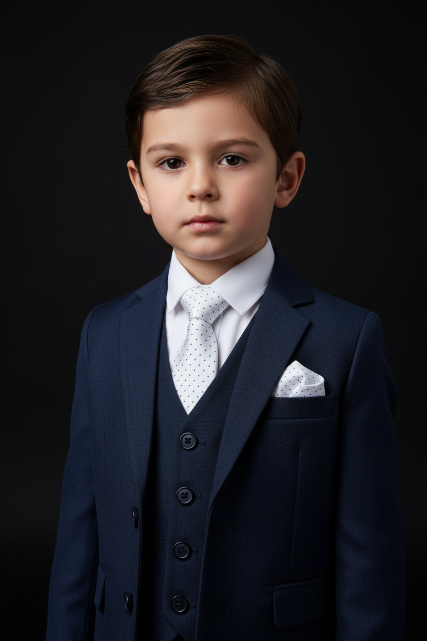 Young boy in a formal navy suit with a white shirt and patterned tie against a dark background