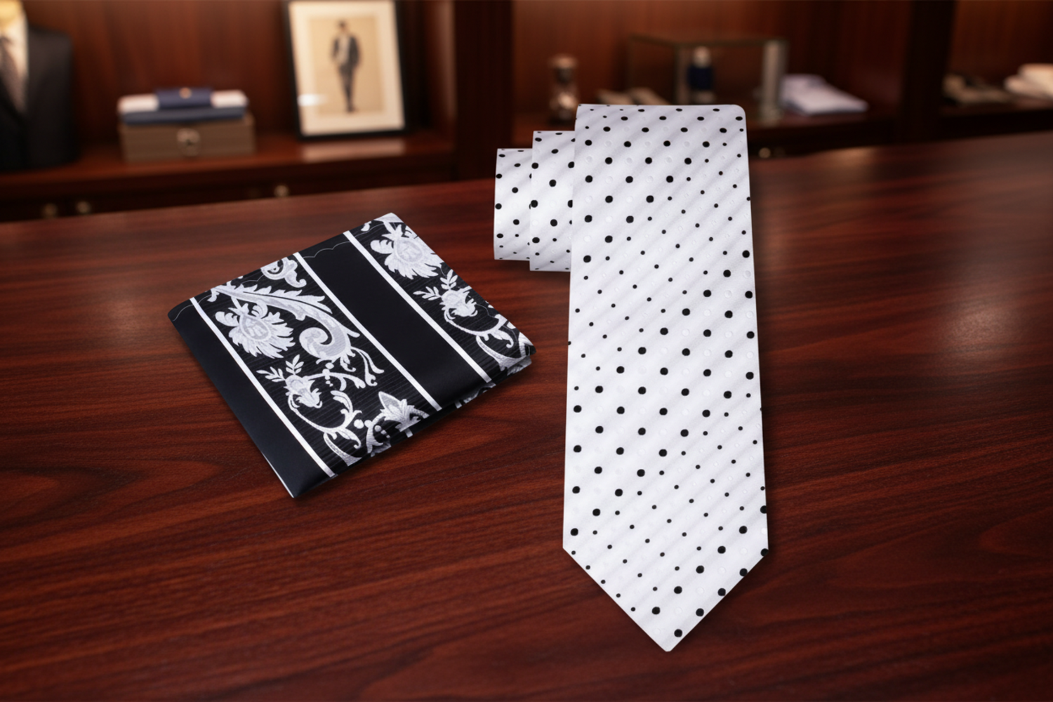 A white and black dots necktie and accenting black and grey paisley square