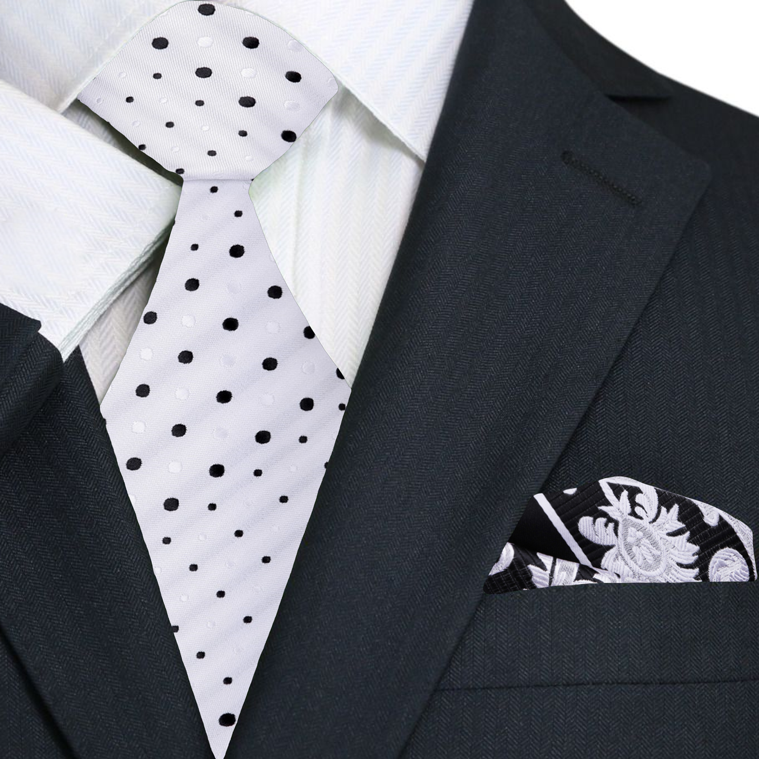 White with Small Black Dots Necktie and Accenting Black Floral Square