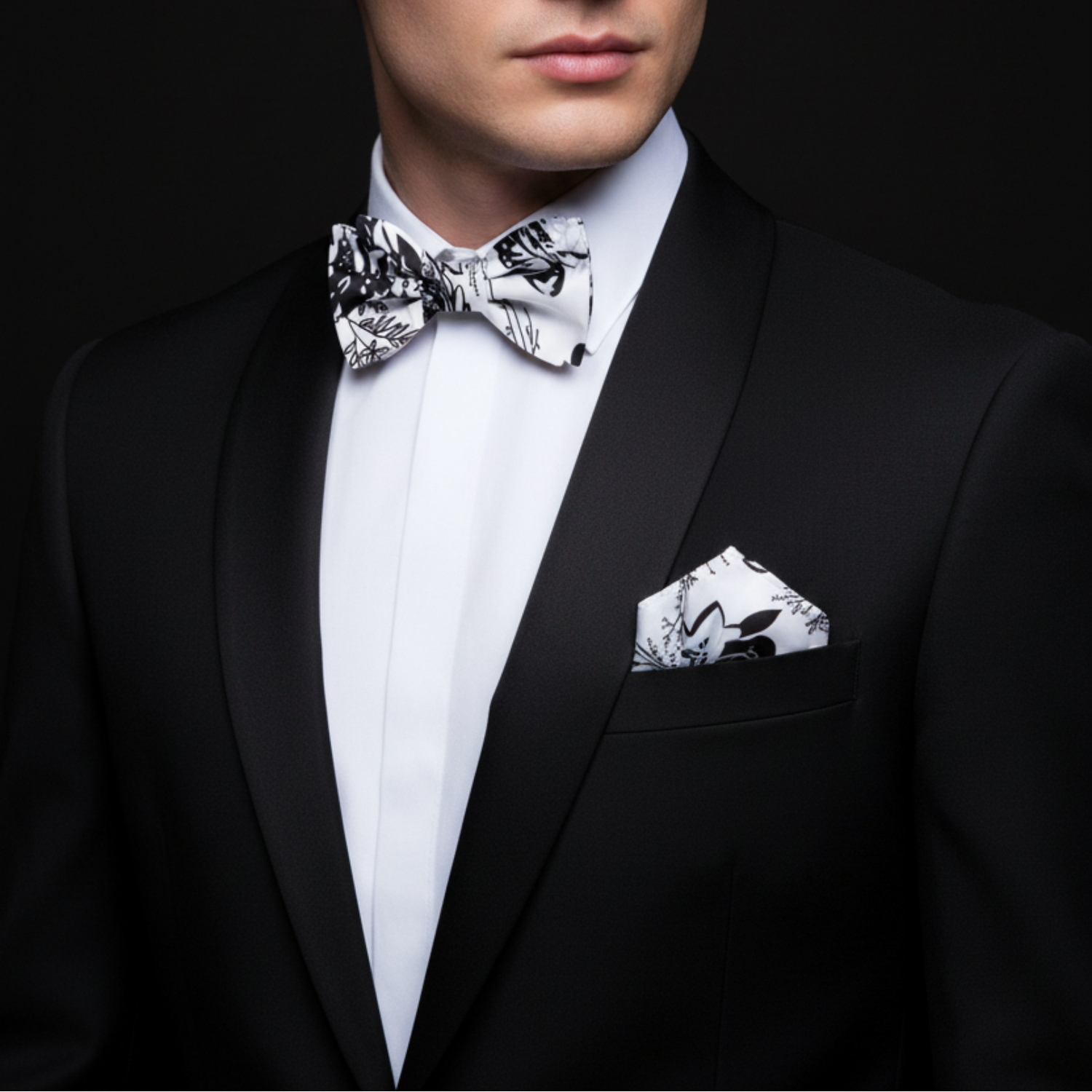 Man wearing white and black floral bow tie and square on suit
