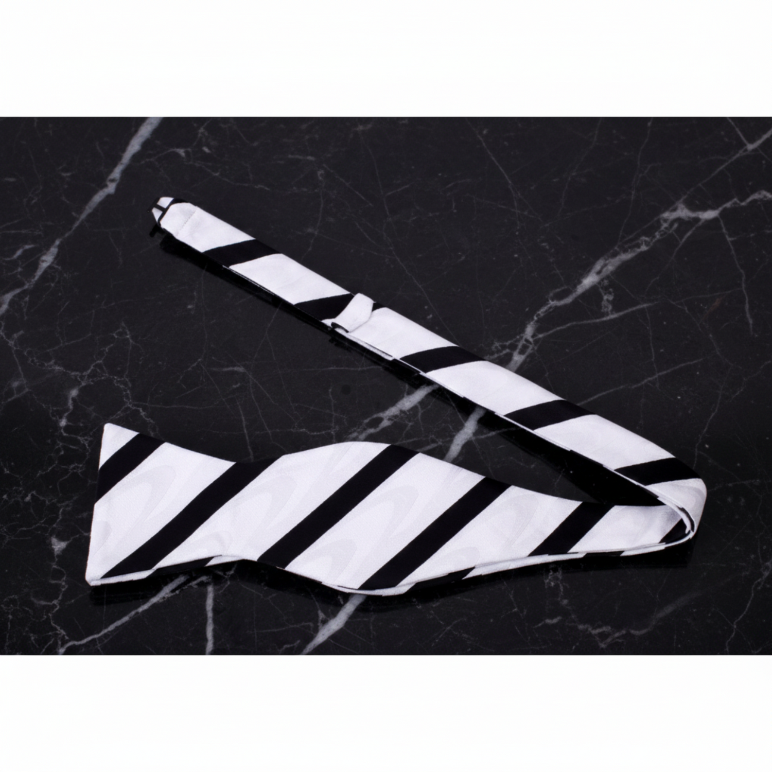 A White With Abstract Wave And Black Stripe Pattern Silk Self Tie Bow Tie