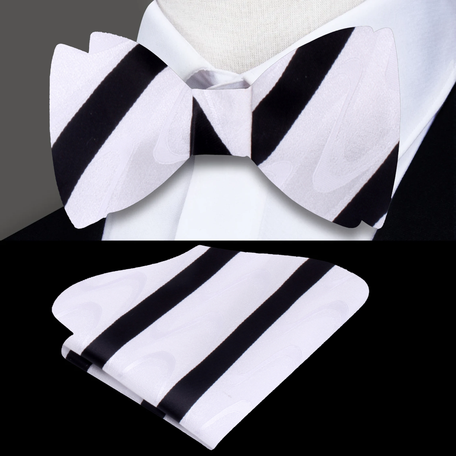A White With Abstract Wave And Black Stripe Pattern Self Tie Bow Tie, Pocket Square||White, Black