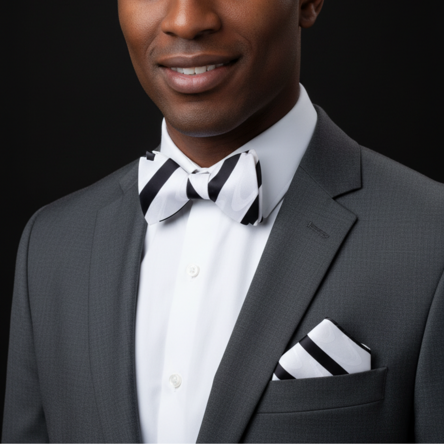 A White With Abstract Wave And Black Stripe Pattern Self Tie Bow Tie, Pocket Square||White, Black on man