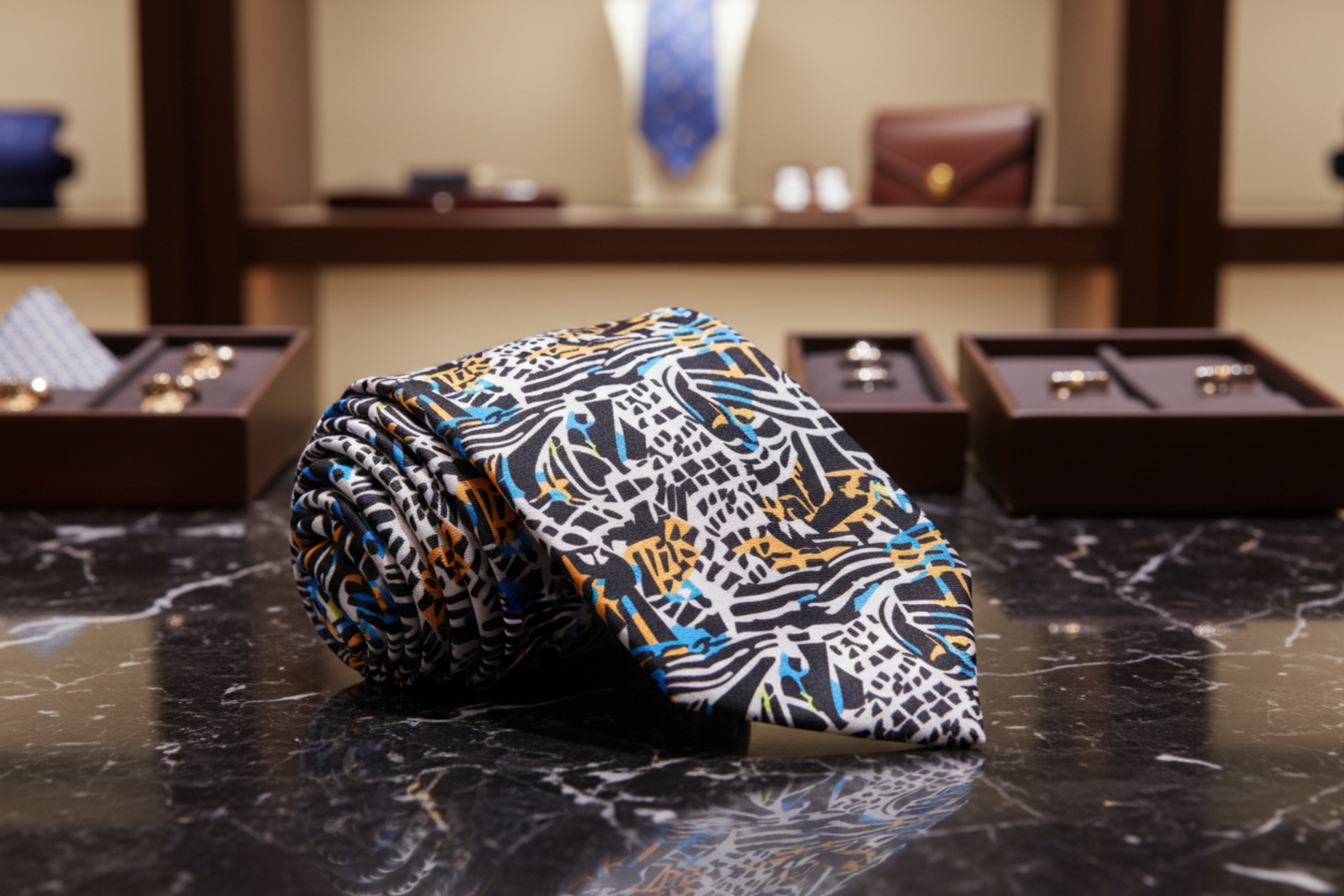 a white, blue, orange and black abstract necktie
