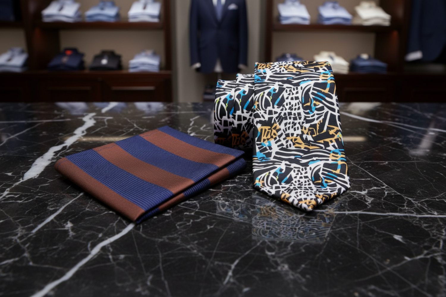 alt a white, blue, orange and black abstract necktie and square