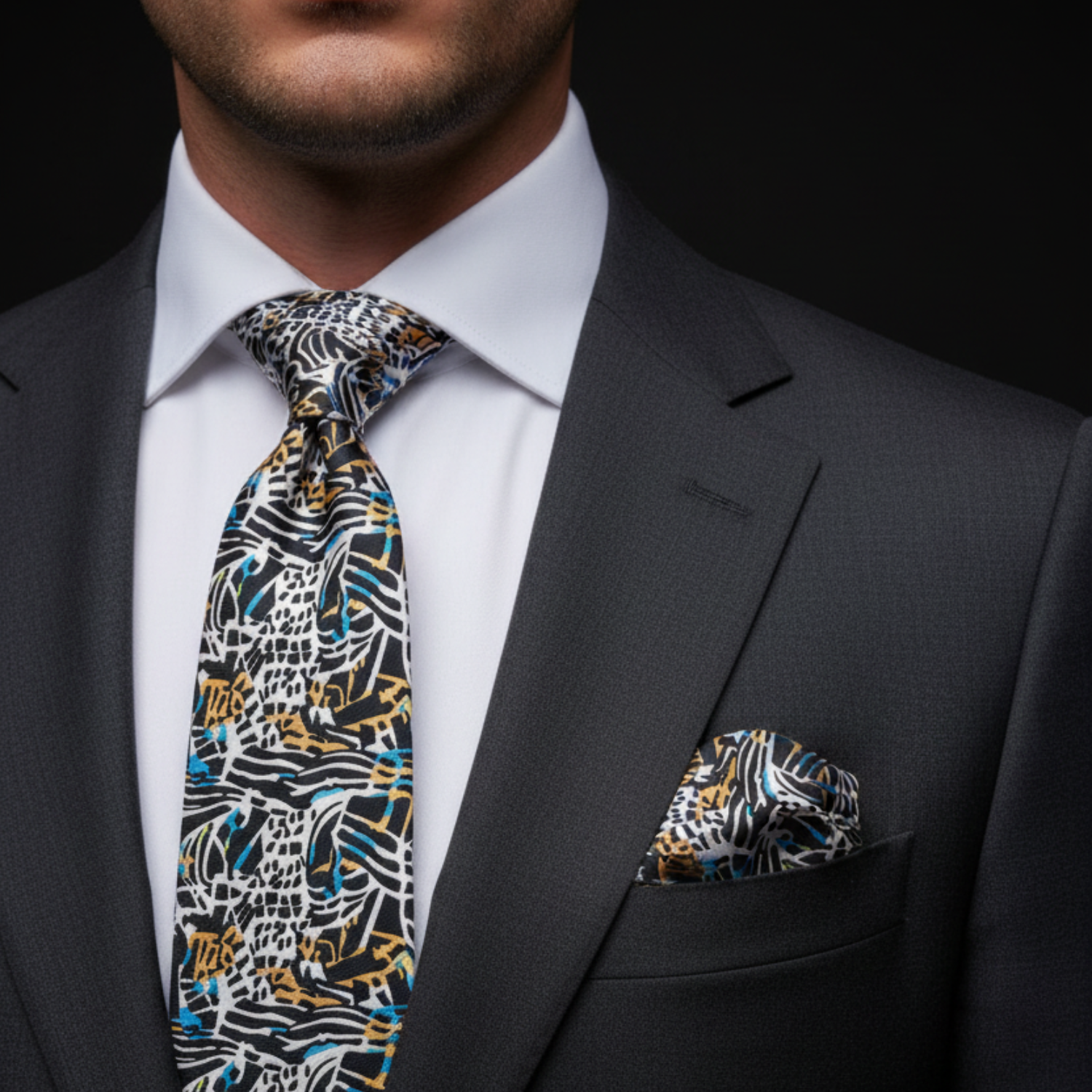 A white, blue and orange with black abstract tie and square on man
