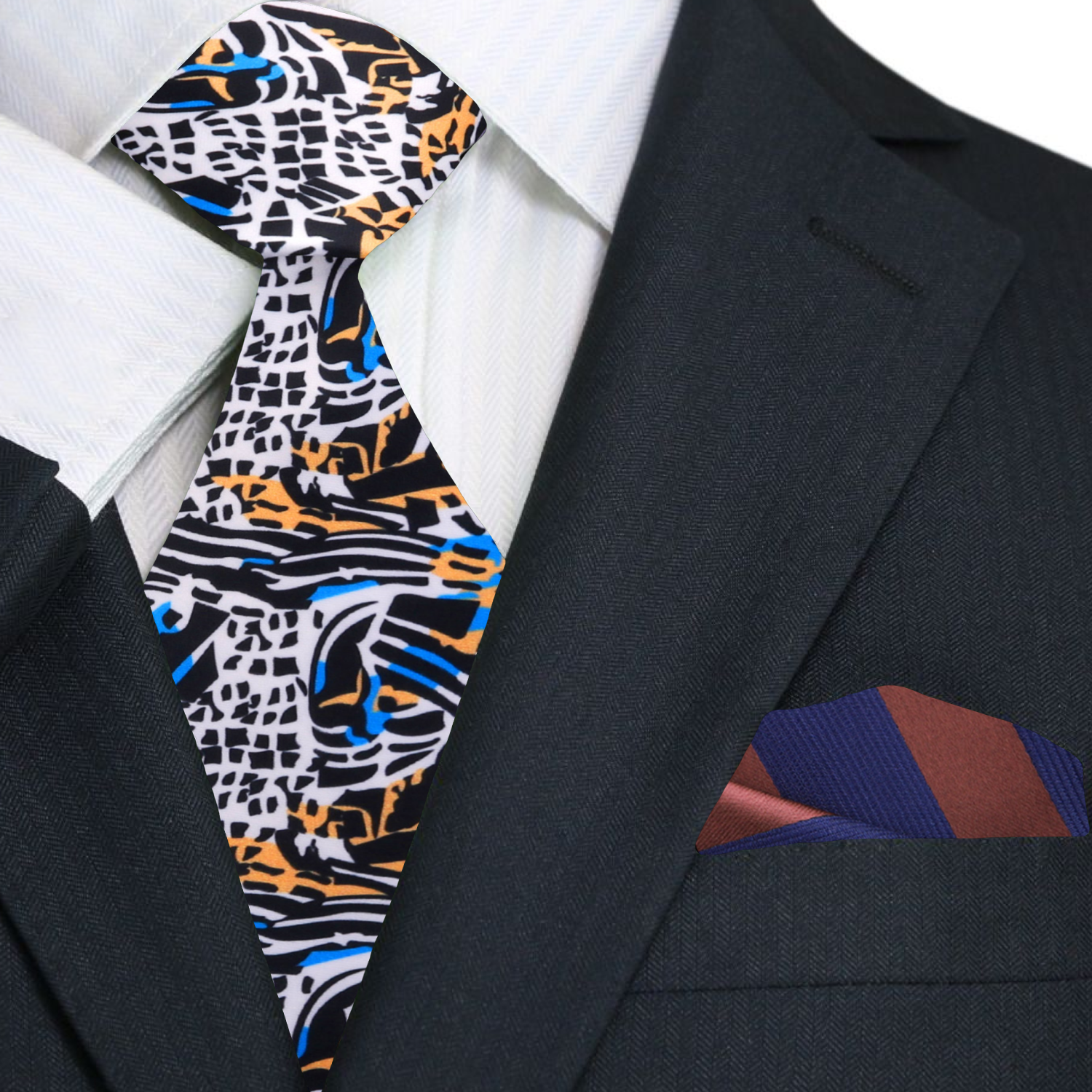 a white, blue, orange and black abstract necktie and stripe square