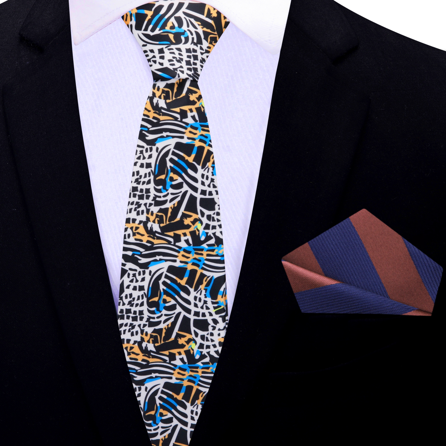 thin a white, blue, orange and black abstract necktie and stripe square