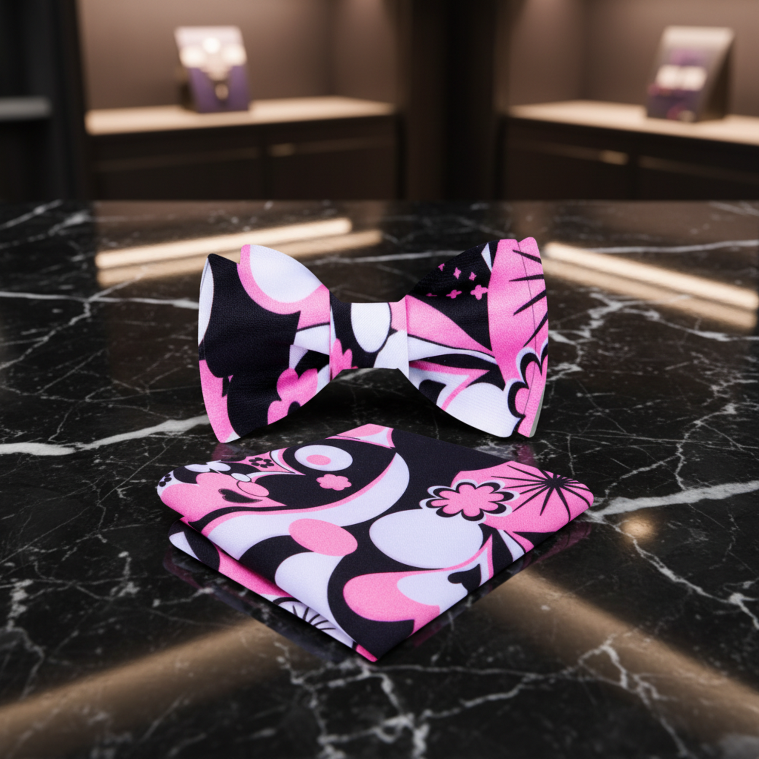 Pink, Black, White Abstract Hearts Bow Tie and Pocket Square