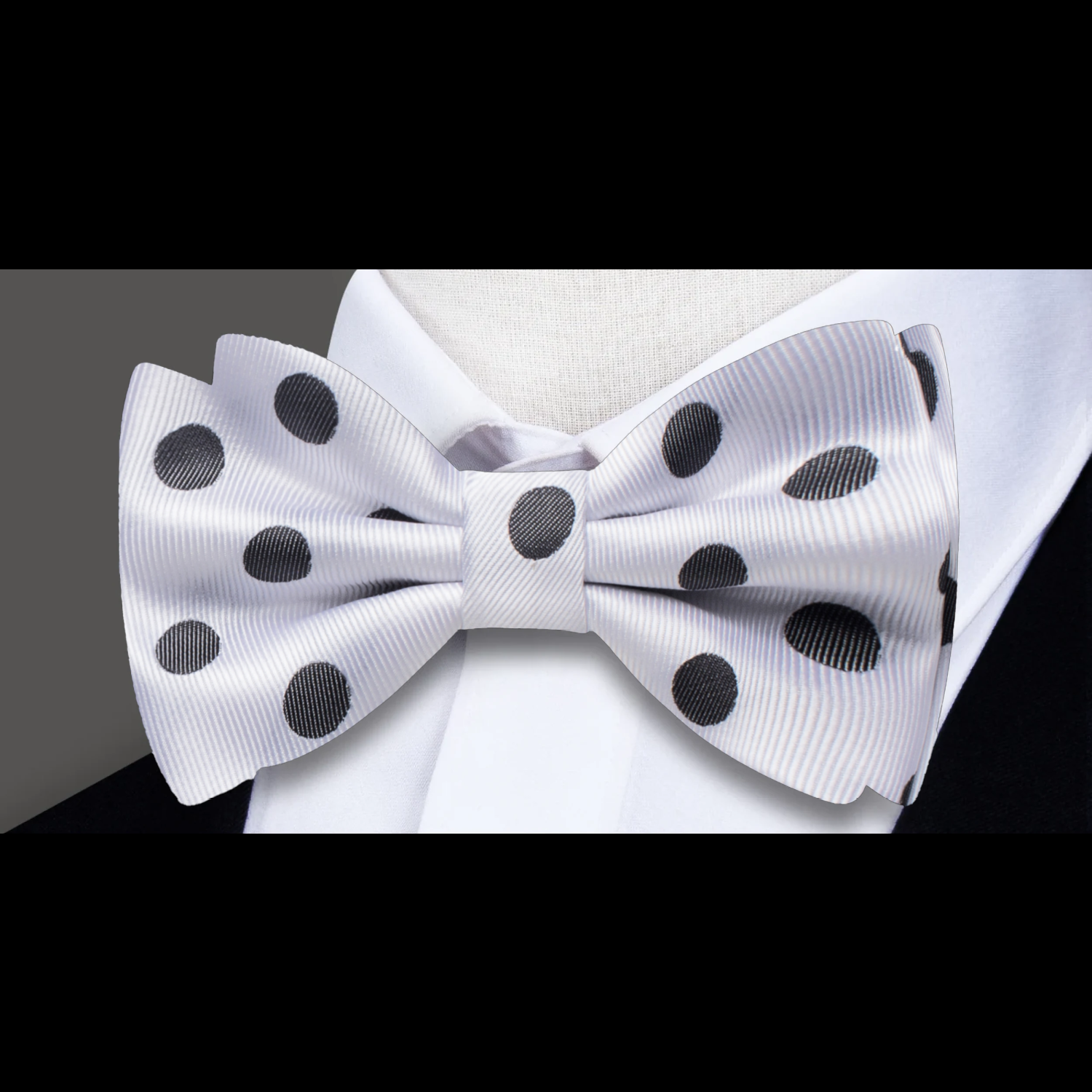 White, Black Dots Pre Tied bow Tie 1