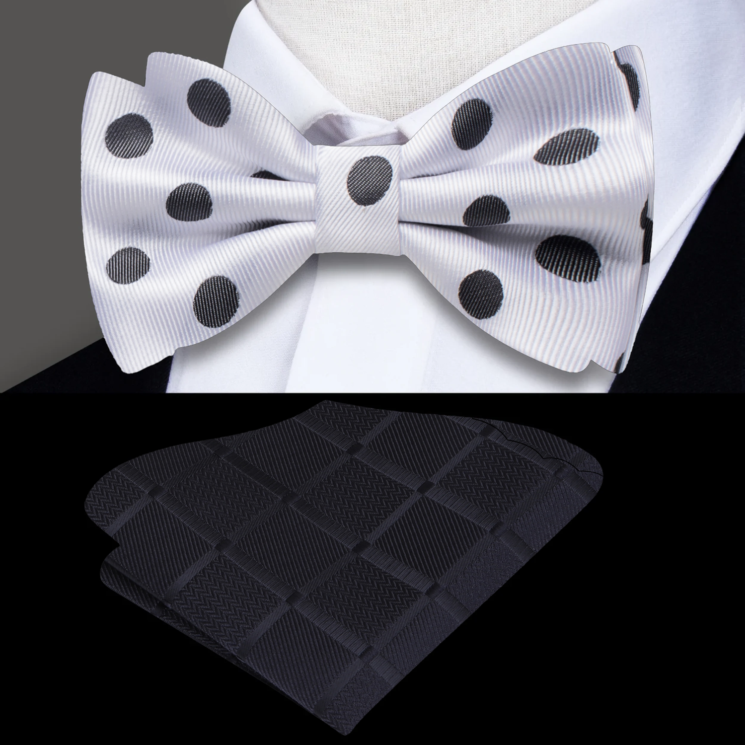 A white bow tie with black dots alongside a matching pocket square, displayed on a white background.