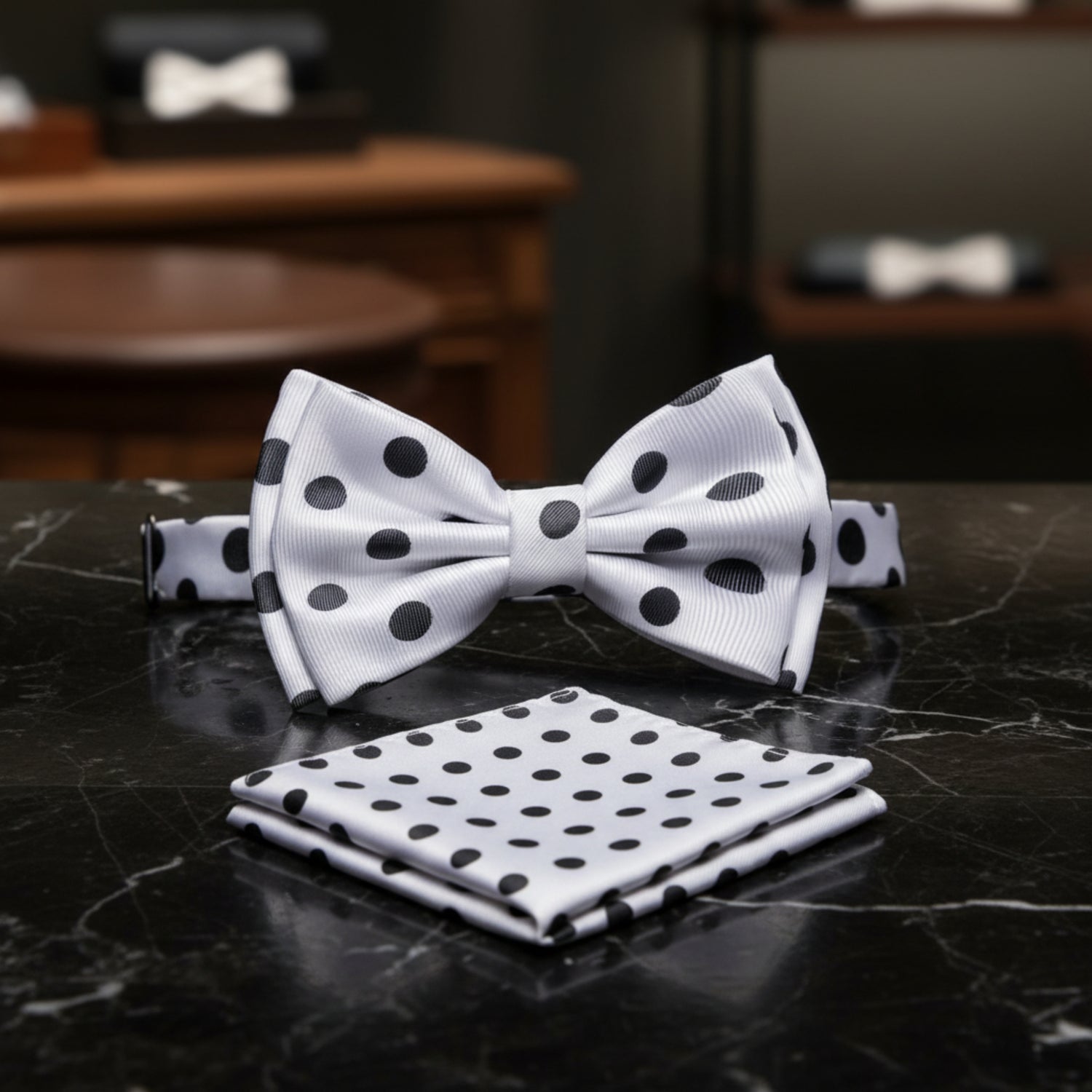 A White, Black Color Polka Dot Pattern Kids Pre-Tied Bow Tie, Matching Pocket Square