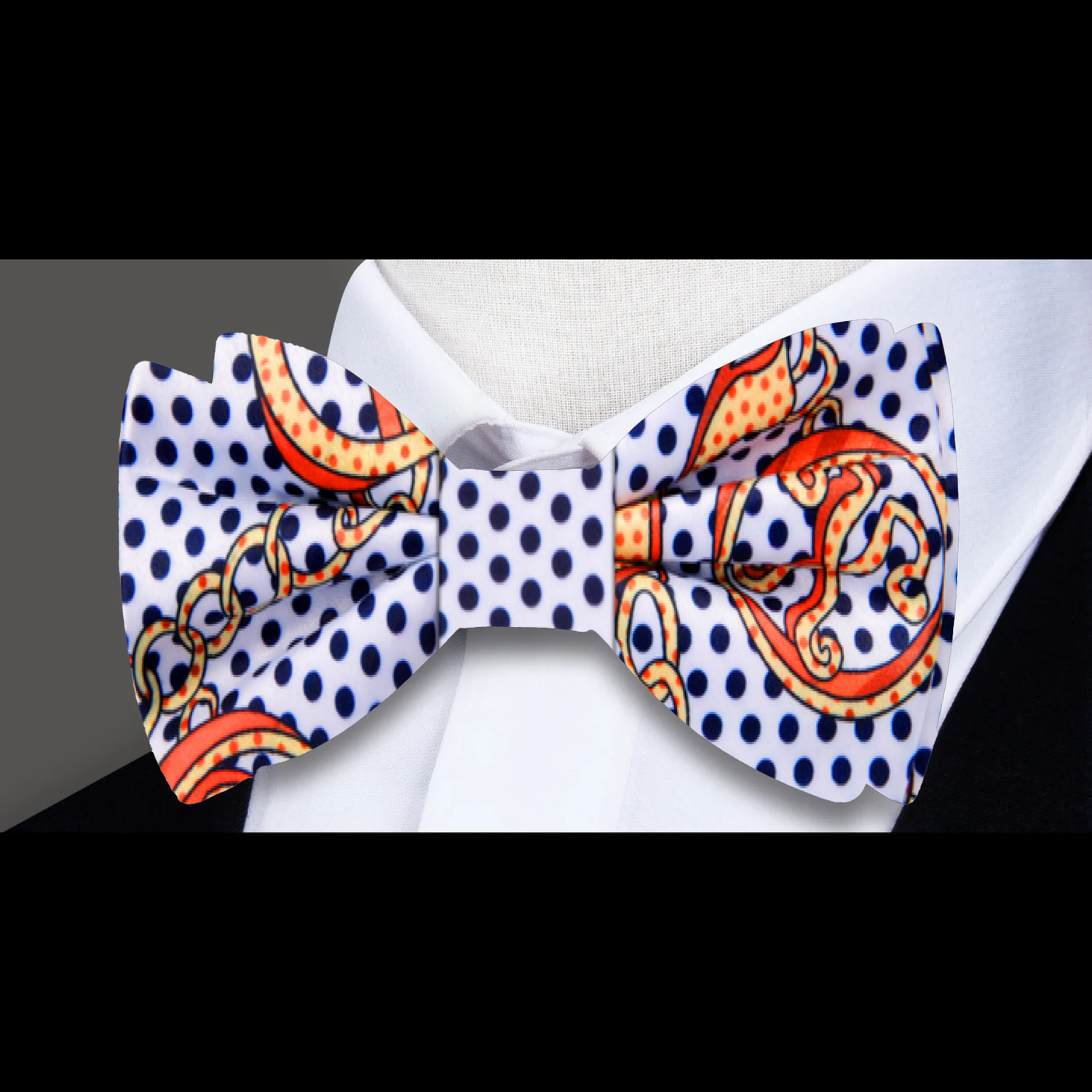 White black gold polka peace bow tie