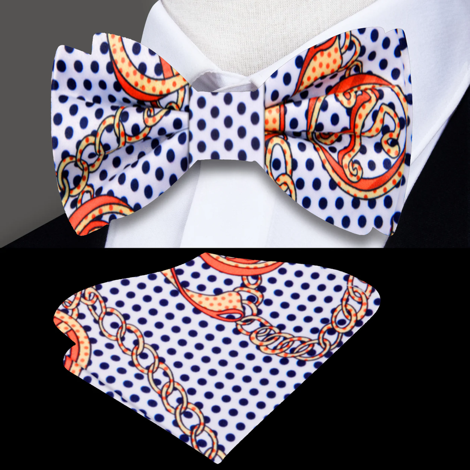 White black gold polka peace bow tie ||Off-white, Gold, Black
