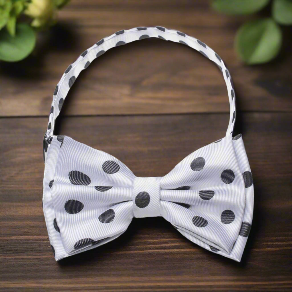 White, Black Dots Pre Tied bow Tie