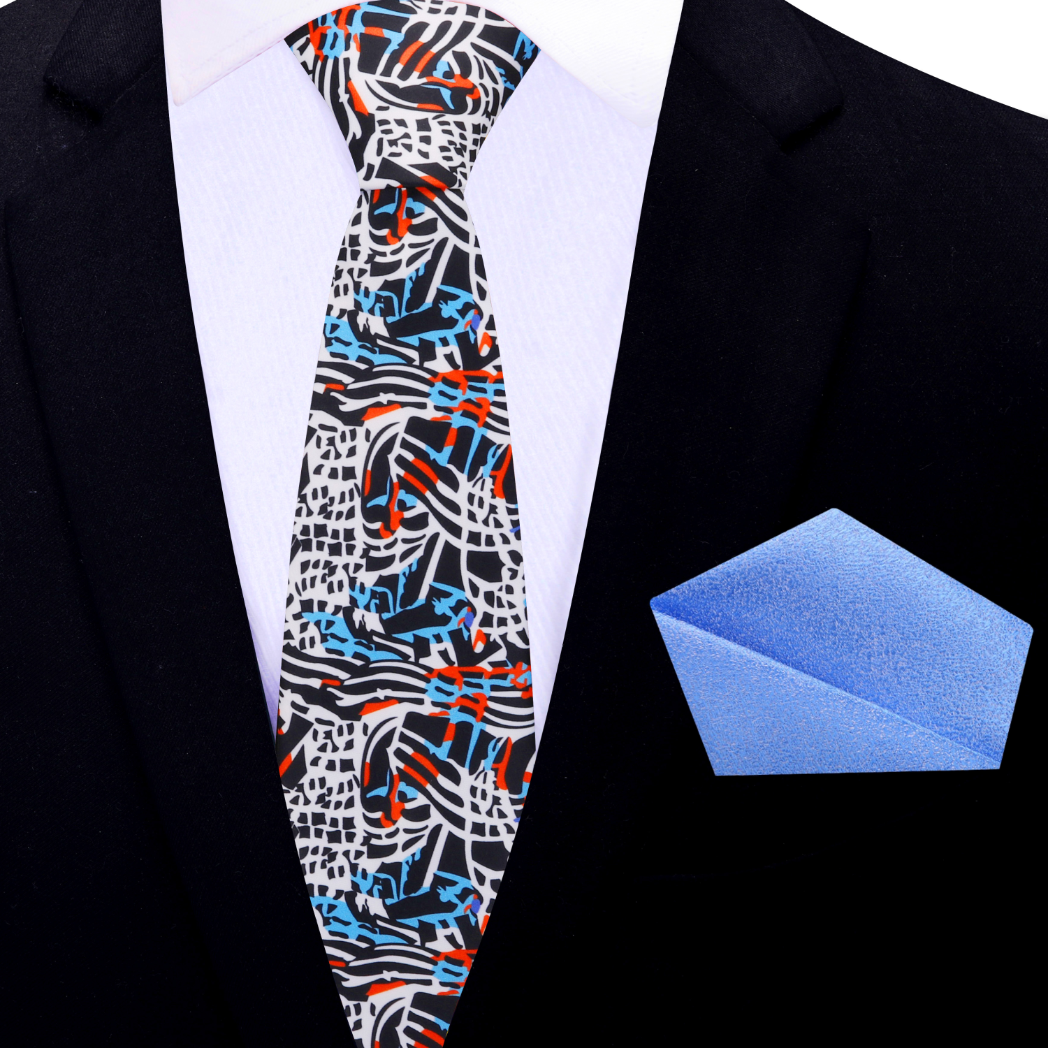 White, Red, Blue and Black Abstract Thin Tie and Light Blue Square
