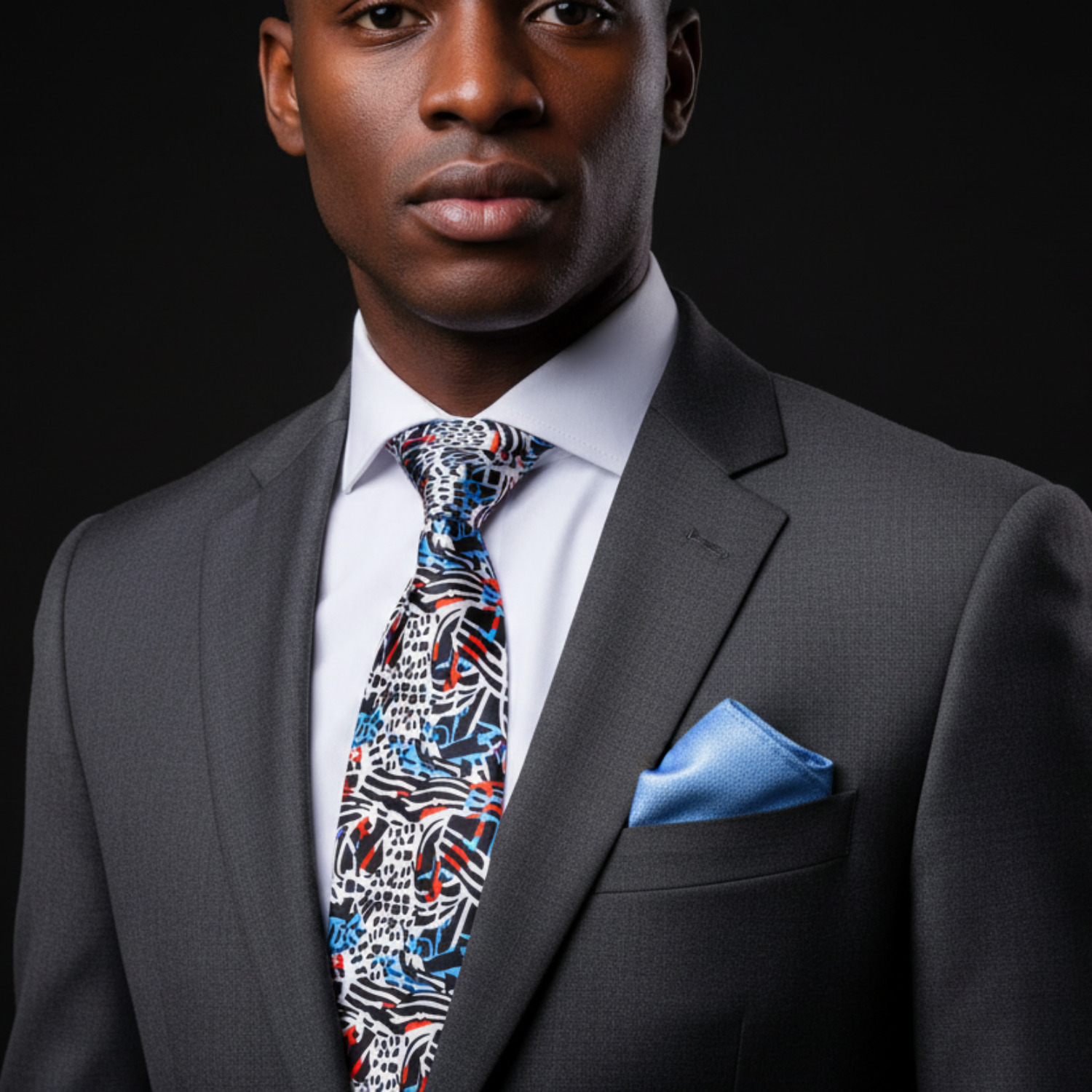 White, Red, Blue and Black Abstract Tie and Light Blue Square On Man