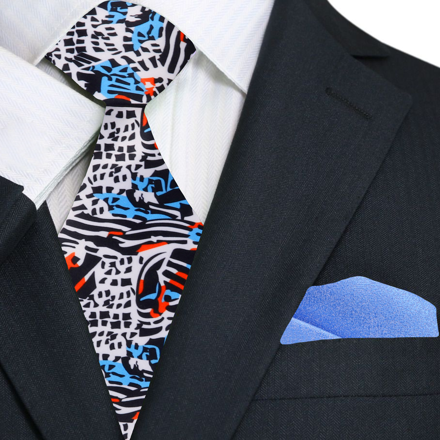 White, Red, Blue and Black Abstract Tie and Light Blue Square