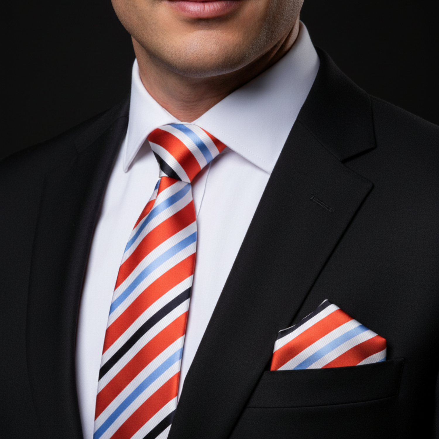 White, Red, Black, Light Blue Stripe Tie and Square on Man